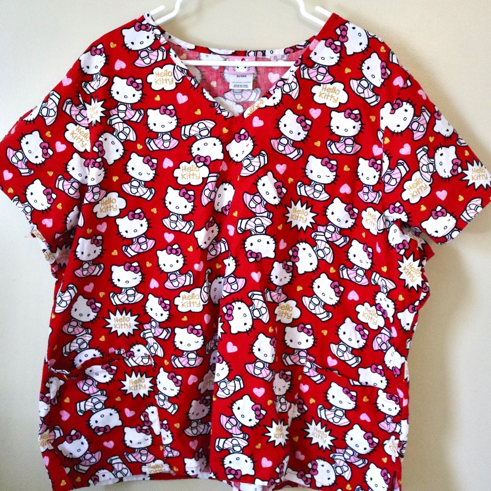Hello Kitty Nurse Scrub Top Shirt Red Women's Size 3XL 100% Cotton